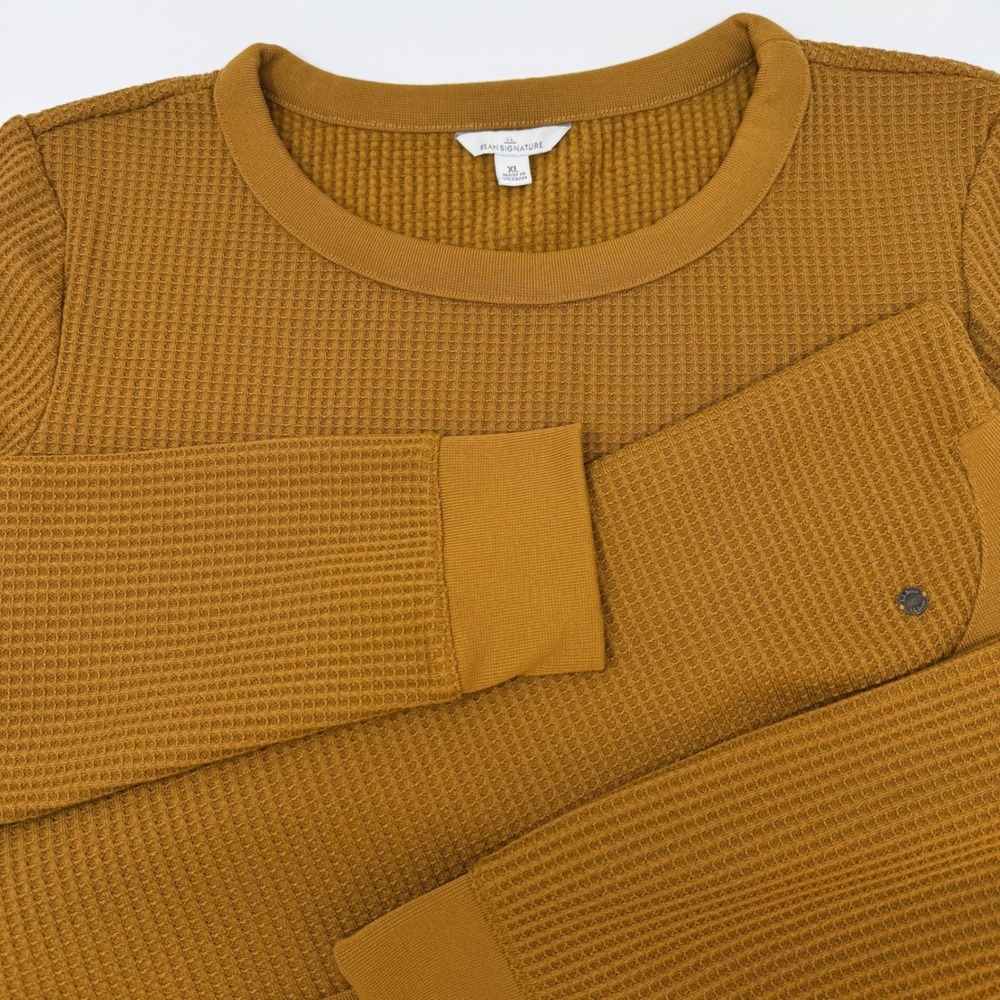 LL Bean Signature Womens XL Waffle Knit Top Mustard Yellow Thermal Pullover